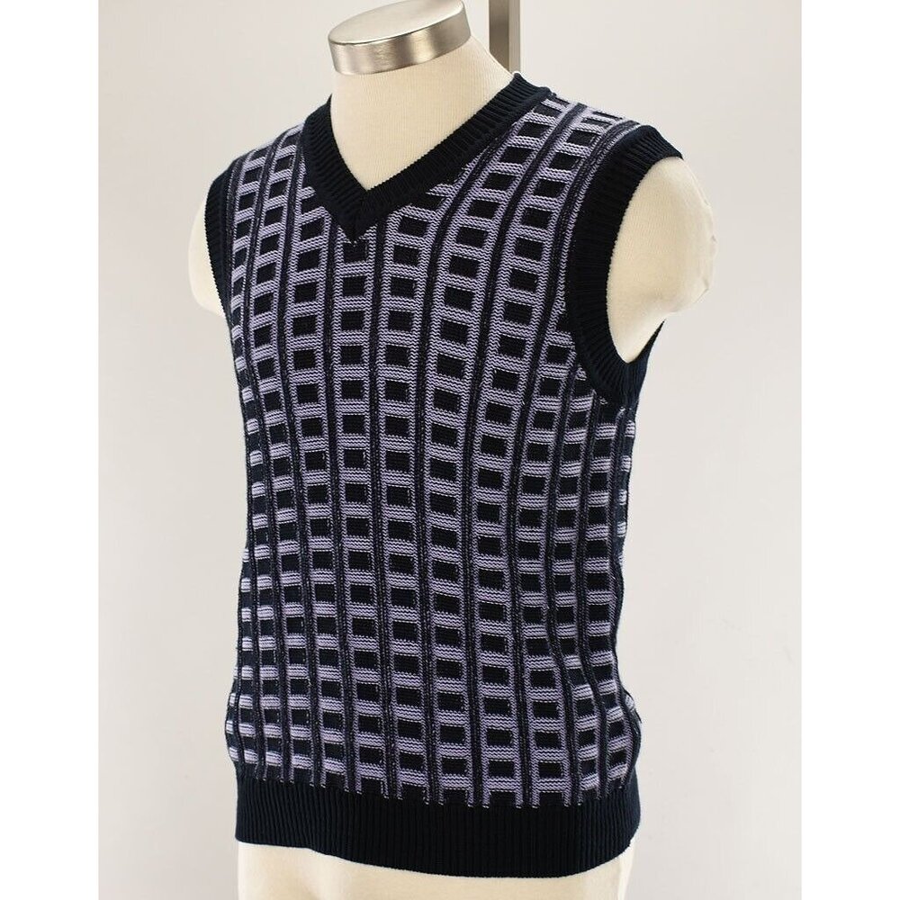 MARNI Navy Lilac Geometric Regular Fit Cotton V Neck Knit Sweater 48 Italy NWT